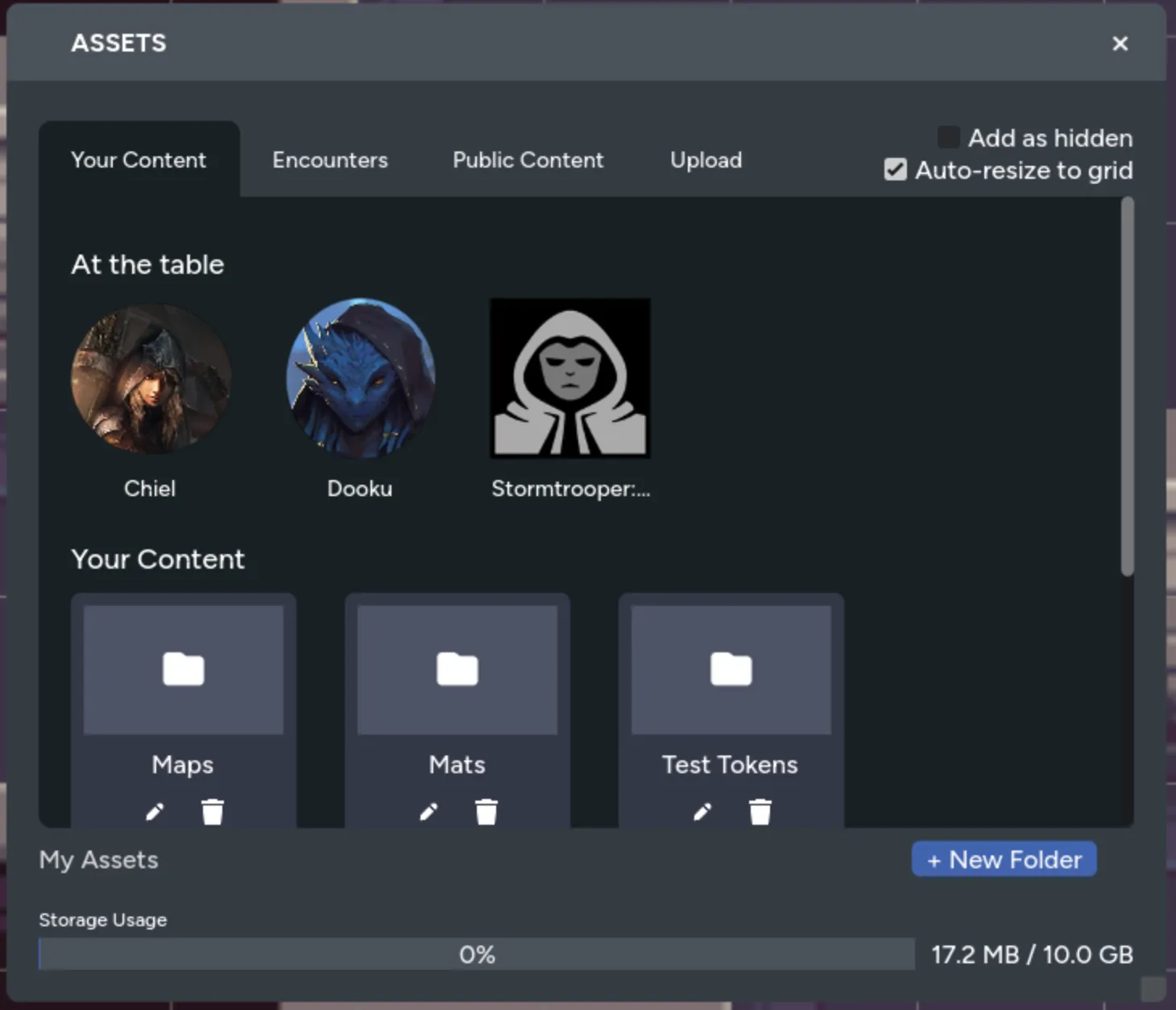 The At the Table section in the asset manager showing game characters