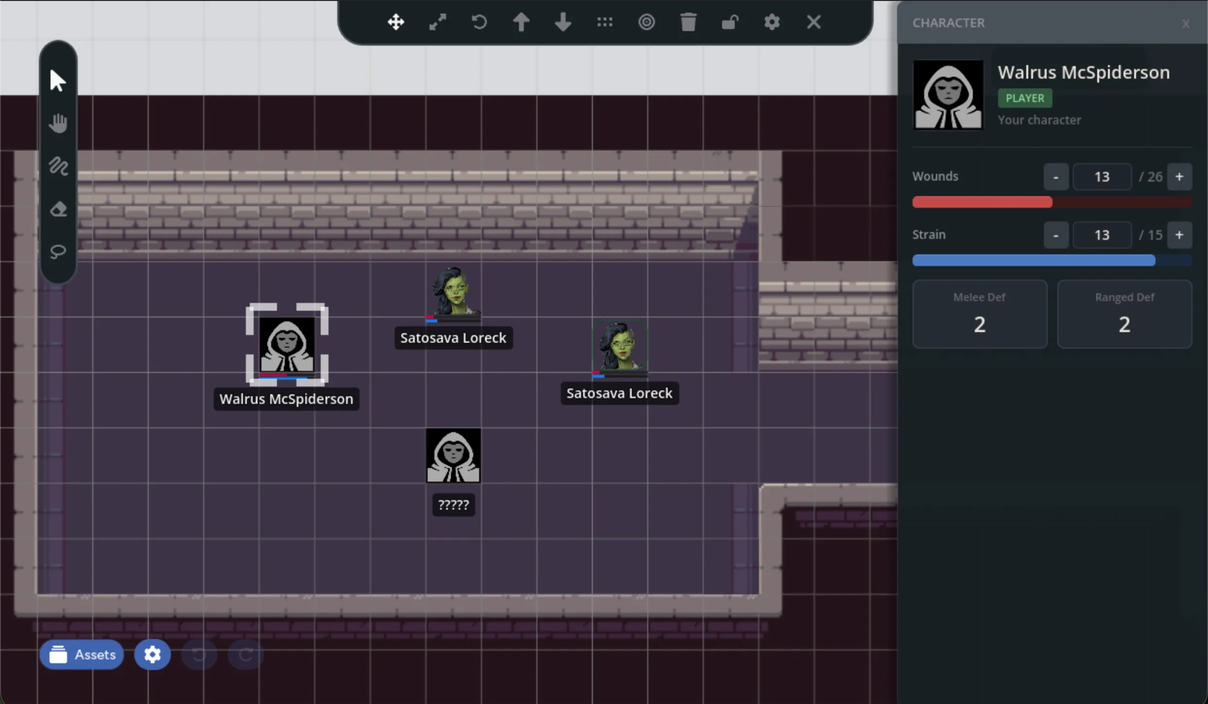 The Quick Character Sheet panel showing wounds and strain with edit controls