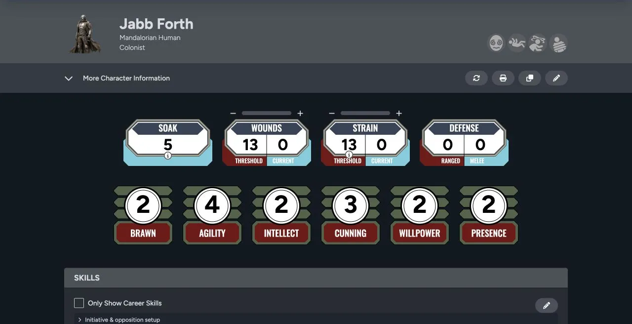 Character sheet for Jabb Forth showing wound and strain thresholds, defense, characteristics, and skills