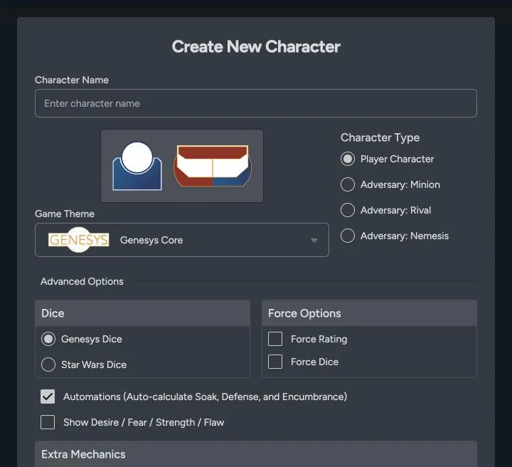 Create New Character page showing the name, theme, character type, dice, Force, automation, and optional mechanics fields