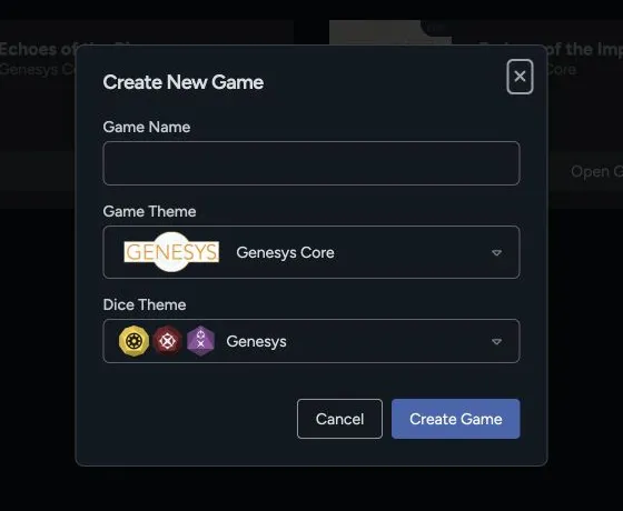 Create New Game dialog with fields for game name, game theme, and dice theme