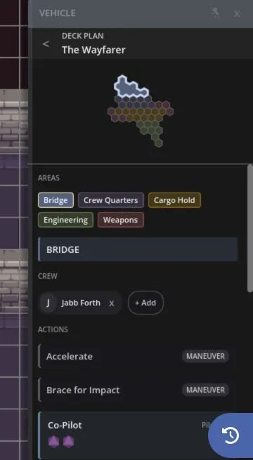 A vehicle deck plan with the Bridge selected, assigned crew, and available actions