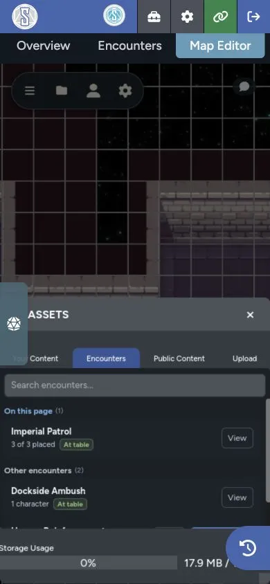 The mobile Encounters tab showing encounters on the current page and encounters available to activate