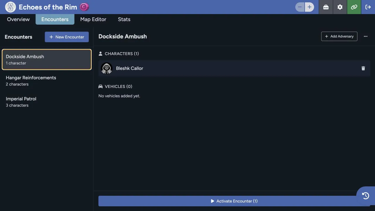 Dockside Ambush encounter showing its adversary roster and Activate Encounter control