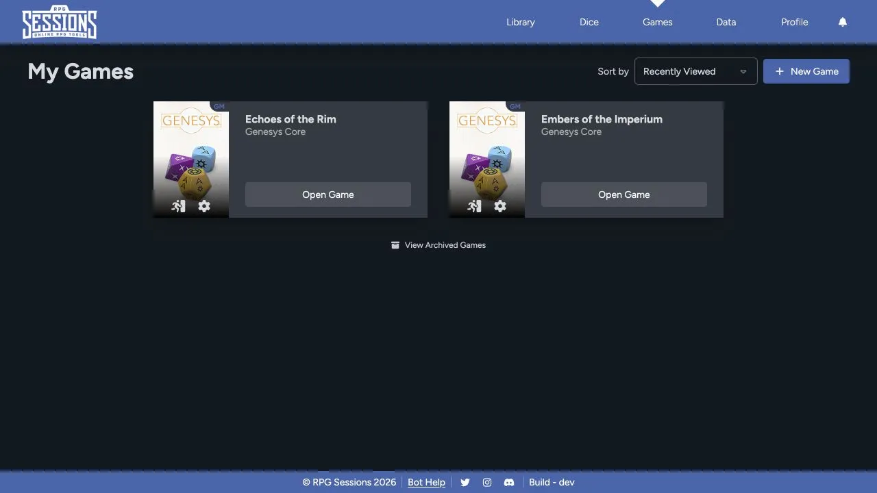 My Games page showing the Echoes of the Rim and Embers of the Imperium game cards