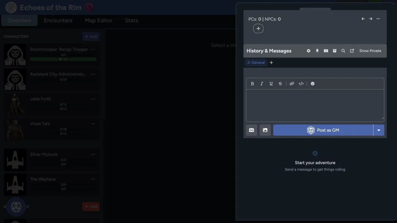 Game Table chat drawer showing PC and NPC initiative counts, History and Messages, channel controls, formatting, image attachment, and Post as GM