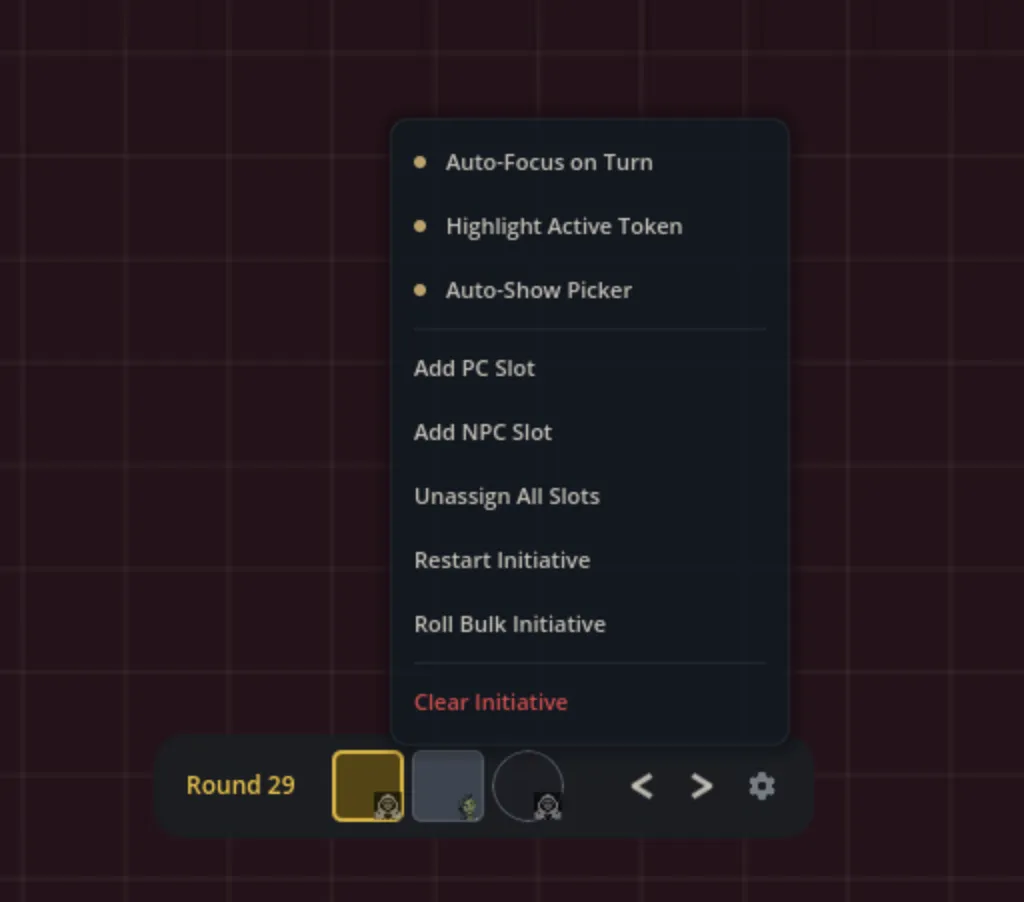 Image showing the settings menu on the initiative bar