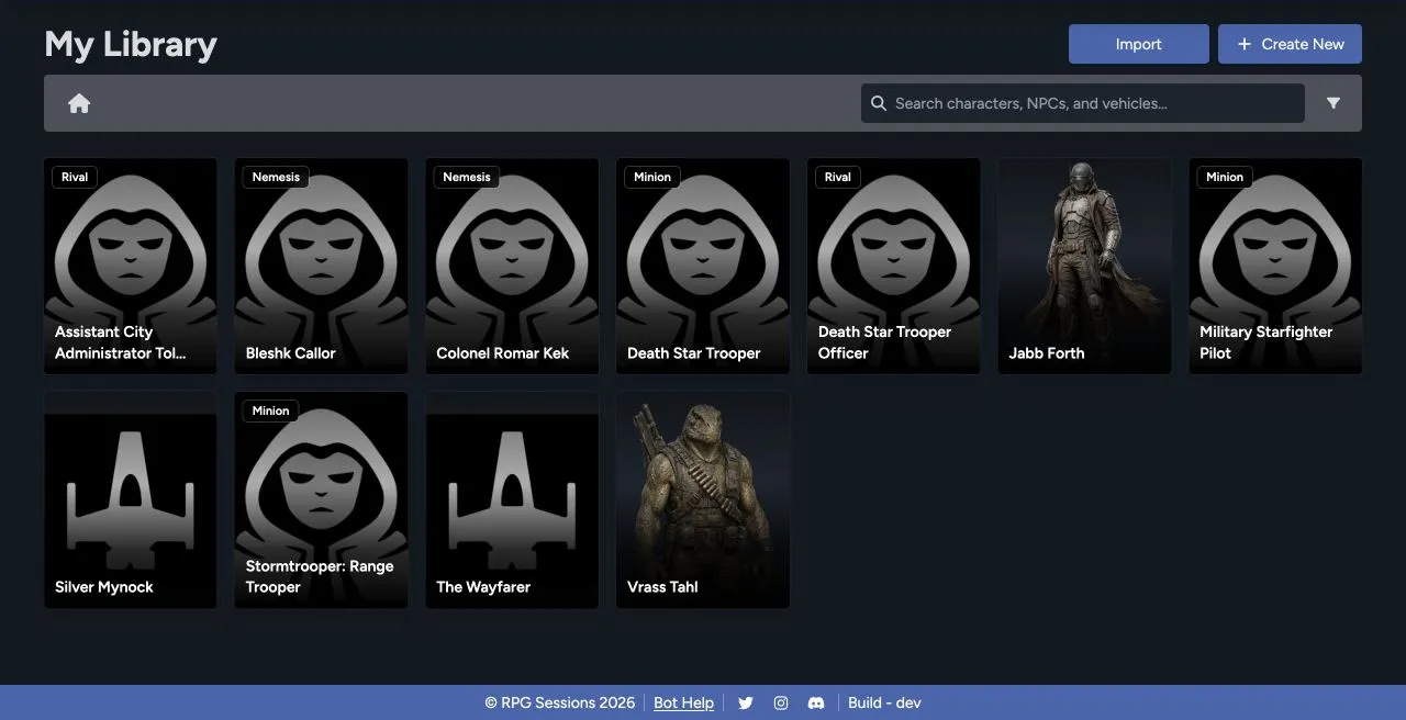 RPG Sessions Library showing folders, character sheets, vehicle sheets, search, and filters