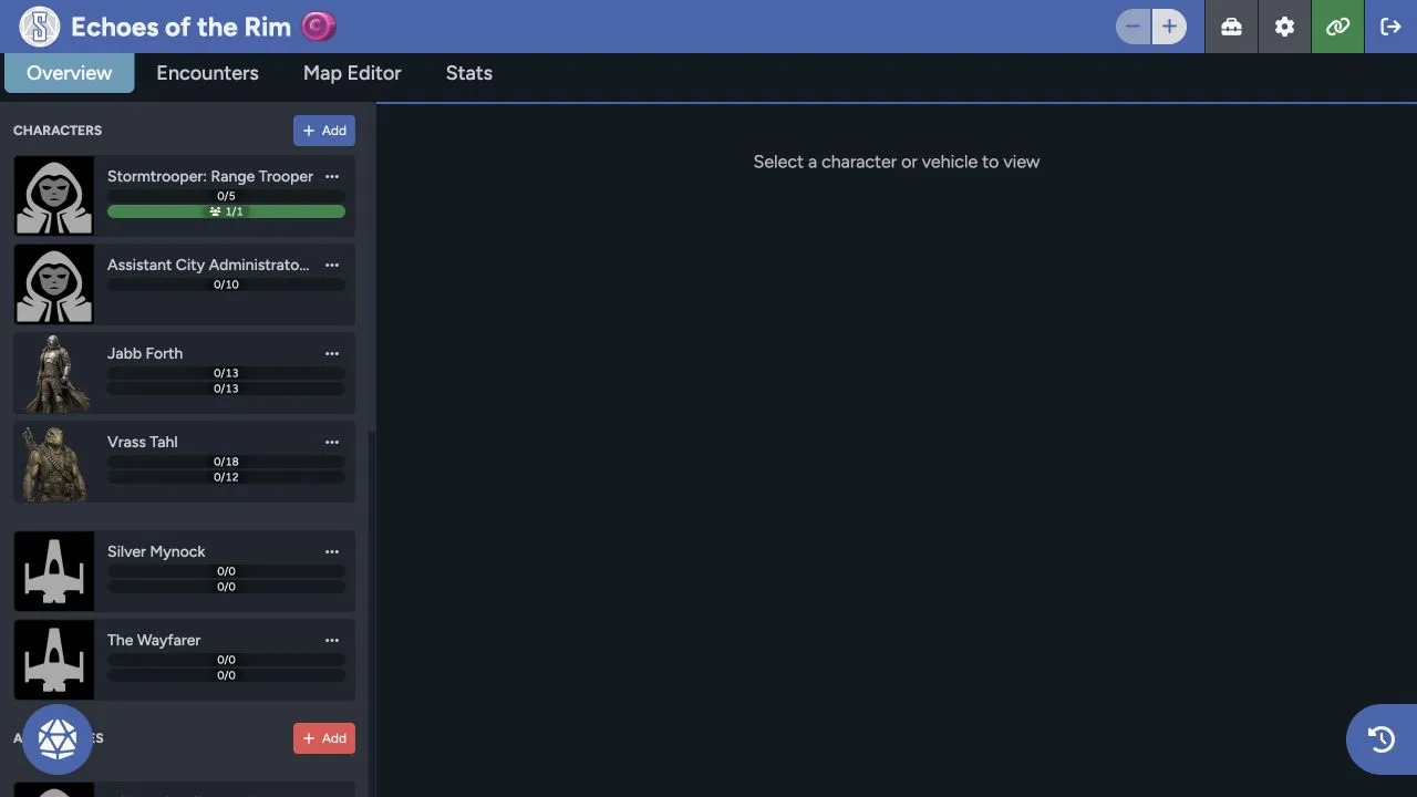 Echoes of the Rim Game Table showing the Overview tab, actor roster, status bars, game controls, and chat button
