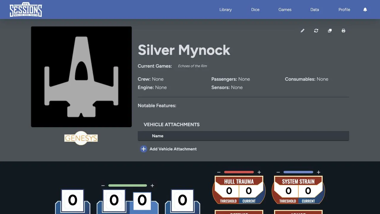 Vehicle sheet for the Silver Mynock showing current games, crew, attachments, and damage controls